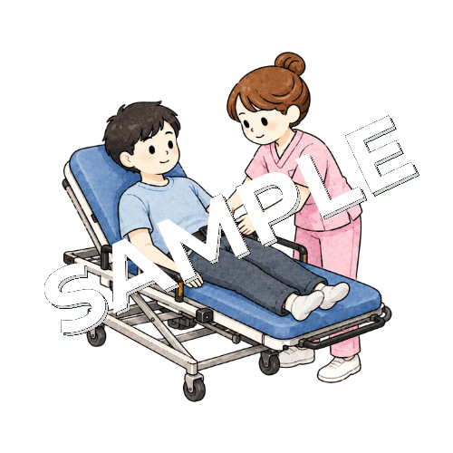 若者男性患者の乗るストレッチャーの安全ベルトを締める女性看護師のイラスト
