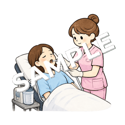 吸引チューブを患者の口腔に挿入する女性看護師のイラスト