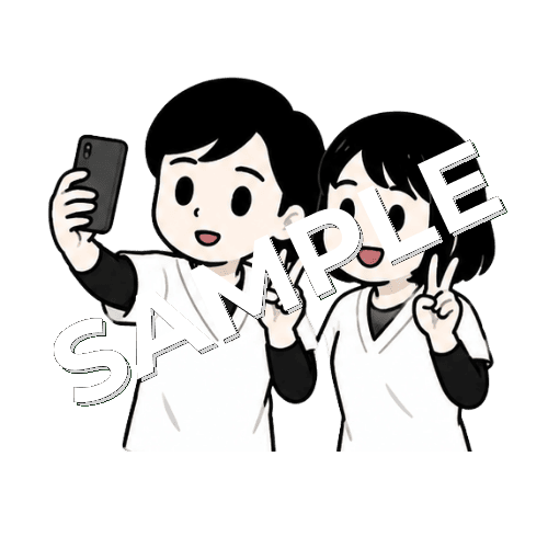 同僚と自撮りをする女性あん摩マッサージ指圧師のイラスト