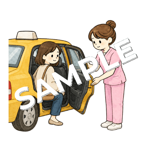 退院する患者にタクシーのドアを開ける女性看護師のイラスト