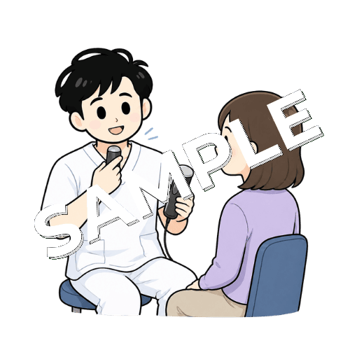 電気式人工喉頭の使い方を指導する男性言語聴覚士のイラスト