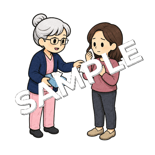 患者にティッシュを差し出すベテラン女性看護師のイラスト