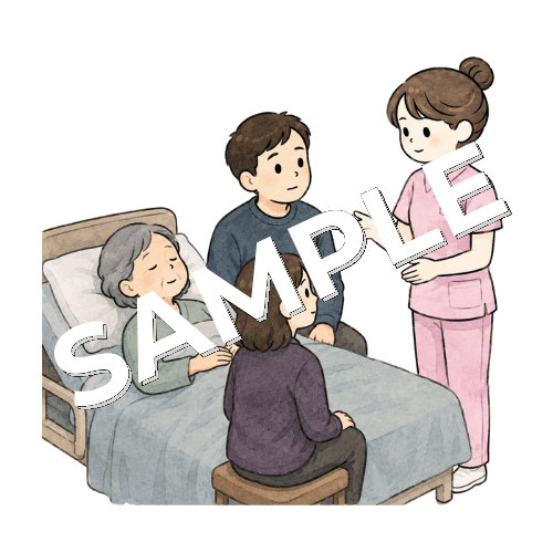 看取りの患者の家族に声をかける女性看護師のイラスト