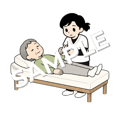 施術ベッドで仰向けで寝てる高齢患者の指の施術をする女性あん摩マッサージ指圧師のイラスト