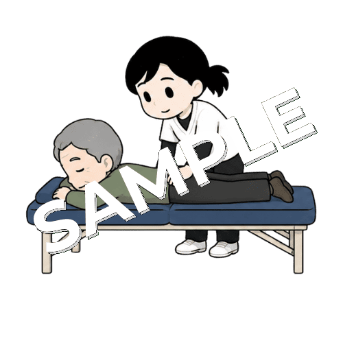 施術ベッドでうつ伏せで寝てる高齢患者の腰の施術をする女性あん摩マッサージ指圧師のイラスト
