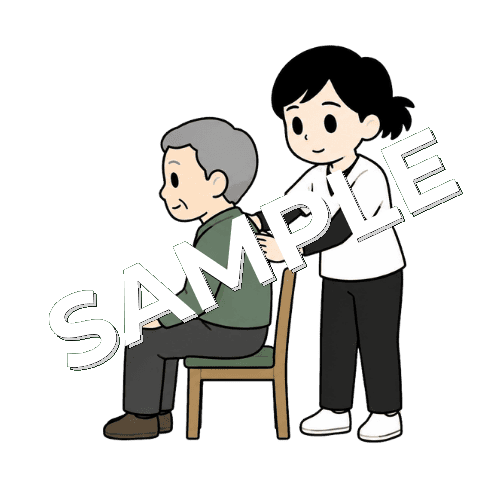 椅子に座っている高齢患者の肩甲骨の施術をする女性あん摩マッサージ指圧師のイラスト