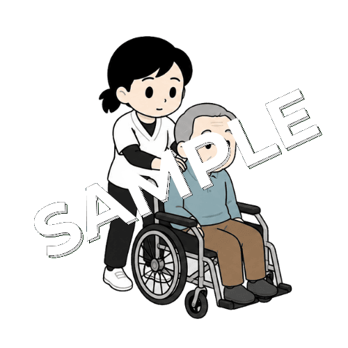 車椅子に座っている高齢患者の肩関節の施術をする女性あん摩マッサージ指圧師のイラスト