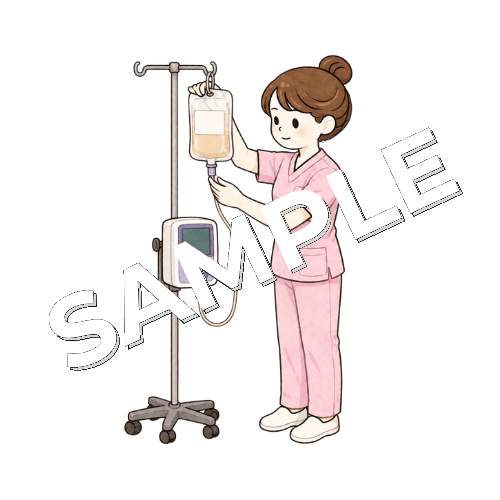 注入ポンプに経管栄養バッグをセットする女性看護師のイラスト