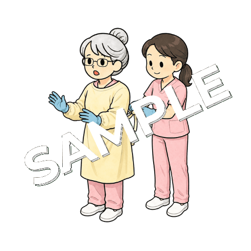 アイソレーションガウンの紐を同僚に結んでもらうベテラン女性看護師のイラスト