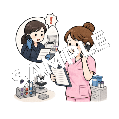 臨床検査技師から緊急検査の結果を電話で受け取る女性看護師のイラスト