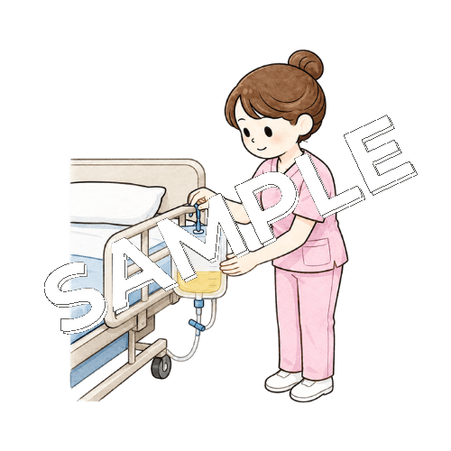 ウロバッグをベッド柵にかける女性看護師のイラスト