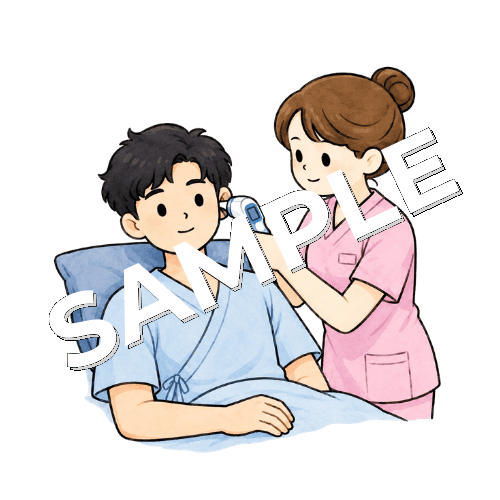 若者男性患者の耳に体温計を当てる女性看護師のイラスト