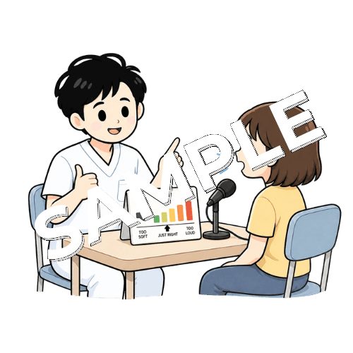 声量コントロール訓練をする男性言語聴覚士のイラスト