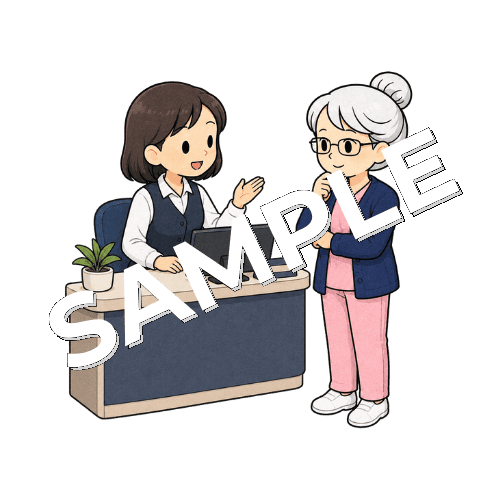 受付事務の女性と会話するベテラン女性看護師のイラスト