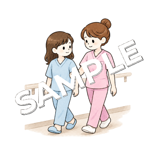 精神科病棟で患者と一緒に散歩する女性看護師のイラスト