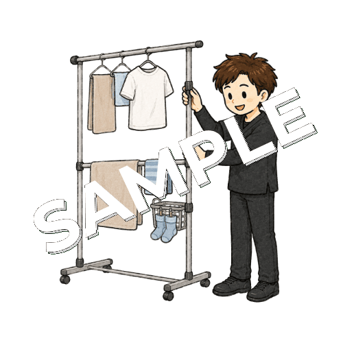 室内物干しの高さを調整する男性作業療法士のイラスト