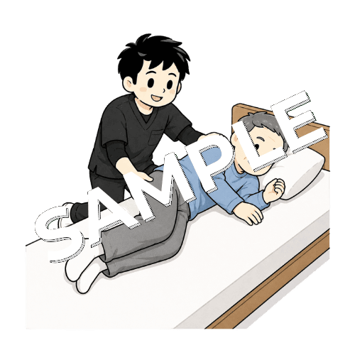床ずれ予防の姿勢調整をする男性作業療法士のイラスト