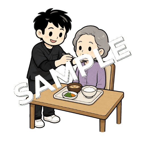 スプーンの角度を調整する男性作業療法士のイラスト