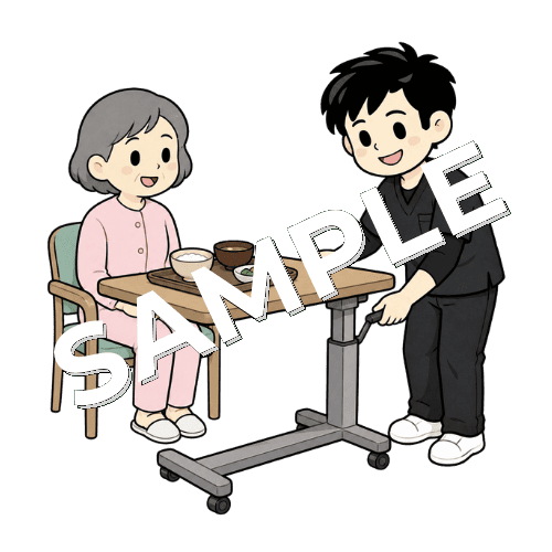 テーブルの高さを調整する男性作業療法士のイラスト