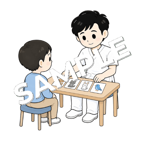 動物カードを並べる男性言語聴覚士のイラスト