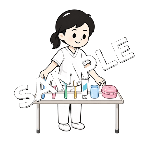 口腔ケア用品を並べる女性言語聴覚士のイラスト