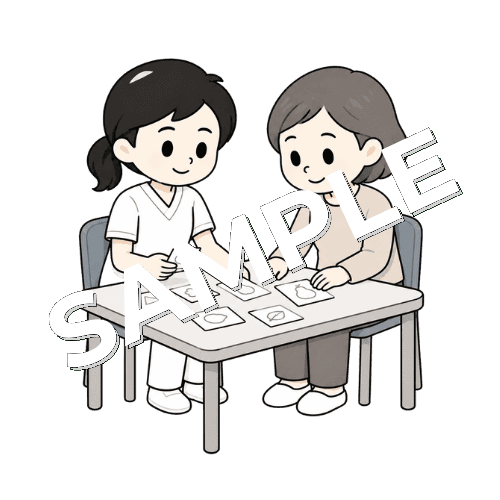 発音練習カードを並べる女性言語聴覚士のイラスト