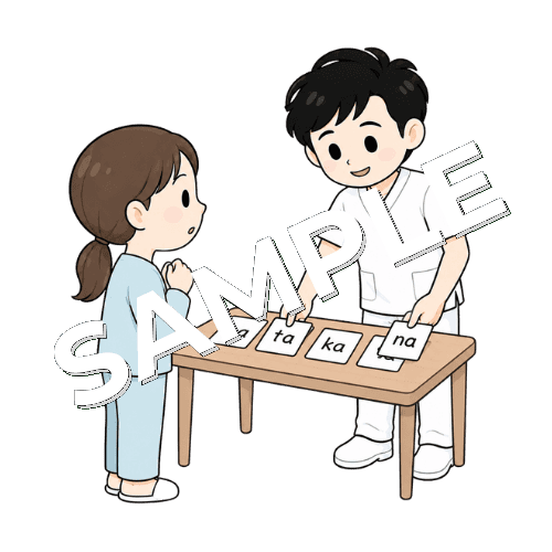 発音練習カードを並べる男性言語聴覚士のイラスト