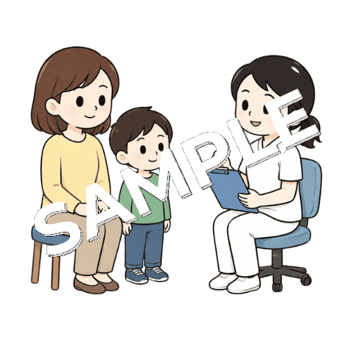 保育園での様子を聞き取る女性言語聴覚士のイラスト