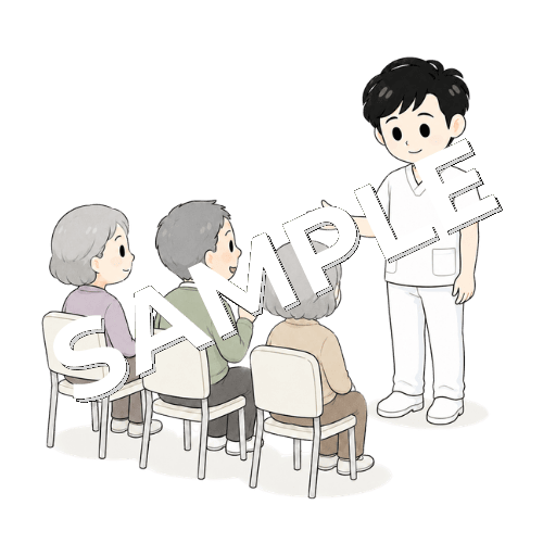 参加者に順番に質問する男性言語聴覚士のイラスト