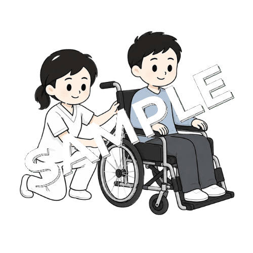 車椅子の角度を確認する女性言語聴覚士のイラスト