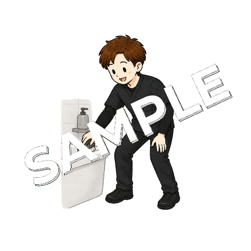 風呂掃除の動作を確認する男性作業療法士のイラスト