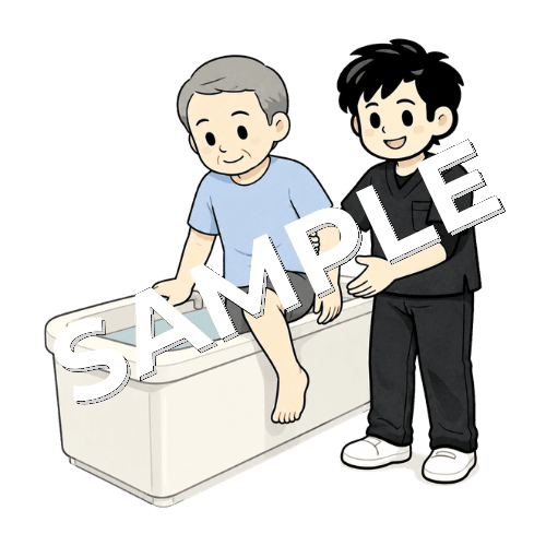 浴槽またぎ動作を確認する男性作業療法士のイラスト