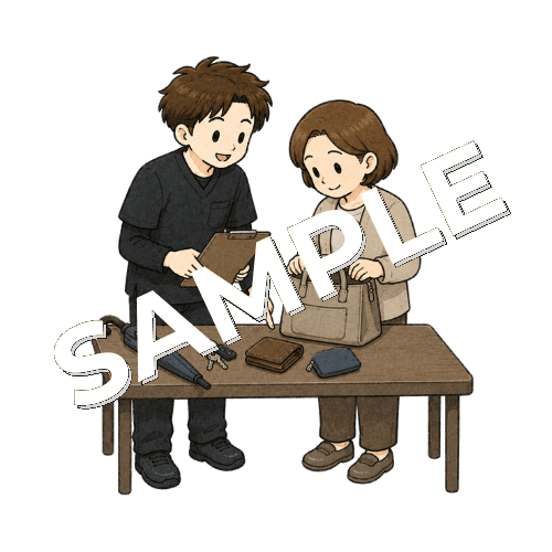 外出前の持ち物チェックをする患者と男性作業療法士のイラスト