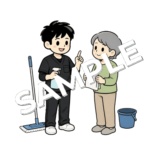 清掃作業の手順を確認する患者と男性作業療法士のイラスト