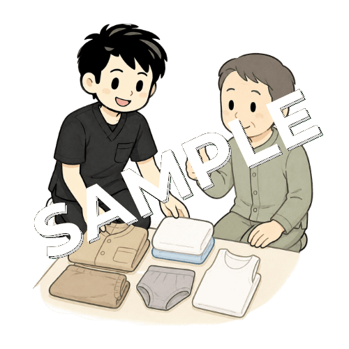 入浴前の衣類準備を確認する男性作業療法士のイラスト