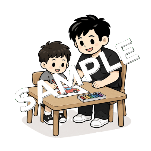 小児患者とぬり絵のはみ出しを確認する男性作業療法士のイラスト