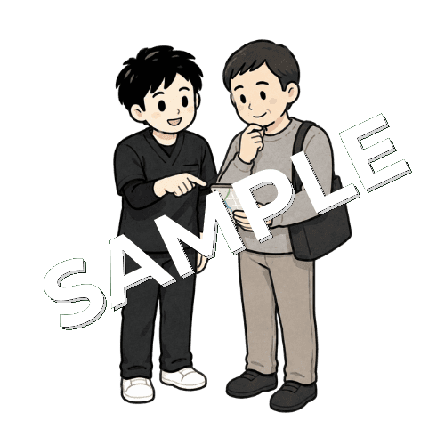 通勤経路を確認する患者と男性作業療法士のイラスト