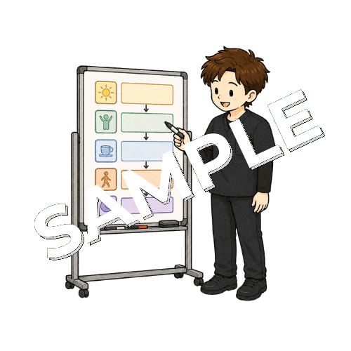 ホワイトボードで一日の流れを確認する男性作業療法士のイラスト