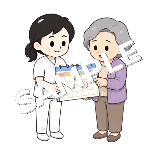 カレンダーを見ながら日付を確認する女性言語聴覚士のイラスト