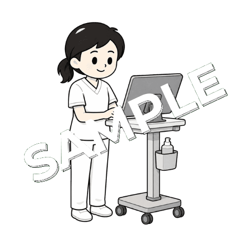 電子カルテを確認する女性言語聴覚士のイラスト