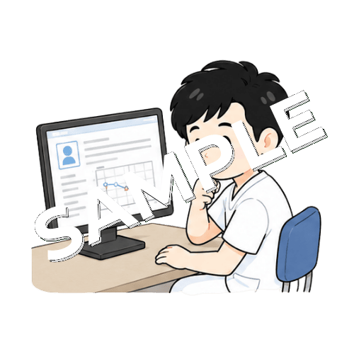 電子カルテを確認する男性言語聴覚士のイラスト