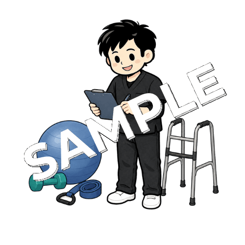 リハビリ室の備品点検をする男性作業療法士のイラスト