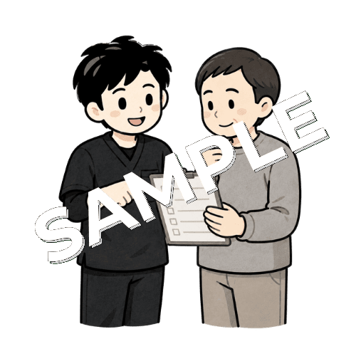 疲労サインをチェックリストで確認する男性作業療法士のイラスト