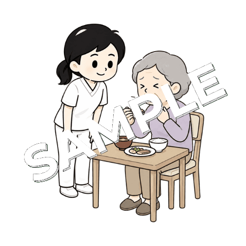 食事中のむせを確認する女性言語聴覚士のイラスト