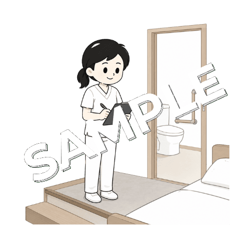 自宅環境を確認する訪問女性言語聴覚士のイラスト