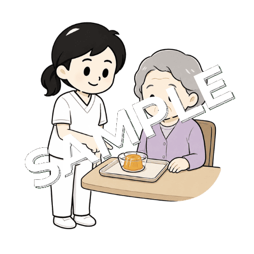 ゼリー食を確認する女性言語聴覚士のイラスト