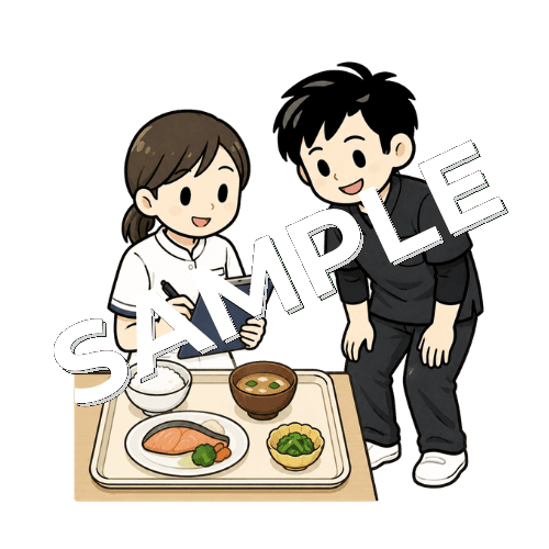 言語聴覚士と食事場面を確認する男性作業療法士のイラスト