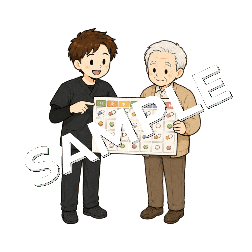 薬カレンダーを一緒に確認する男性作業療法士のイラスト