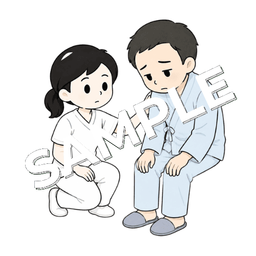 疲れた患者の様子を確認する女性言語聴覚士のイラスト
