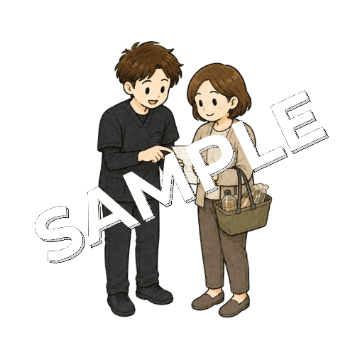レシートを確認する患者と男性作業療法士のイラスト